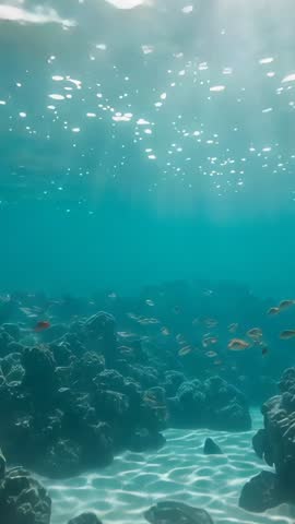 Panning Vertical Video Showing Sunlight Filtering Through Shallow Coral Reef with Swimming Anthias