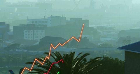 Depicting urban environment with chart overlay illustrating growth and progress in financial or technological context. Perfect for financial reports, economic growth presentations, or urban development analyzes highlighting potential trends.