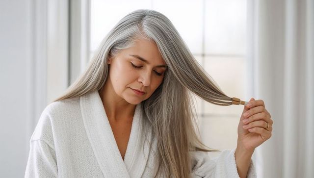 Serene senior woman with long silver hair touching strand in white robe, sunlit portrait