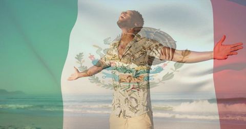 Man celebrating mexico on sunlit beach with mexican flag overlay and tropical ocean vibes