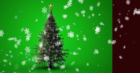 Festive Christmas Tree with Baubles and Snowflakes Indoors