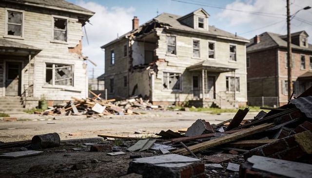 Vacant urban houses collapsing with debris-strewn street and broken masonry