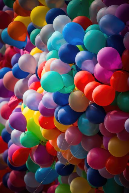 Full frame vertical of a wall of colourful party balloons, created using generative ai technology. Celebration and party time, digitally generated image.
