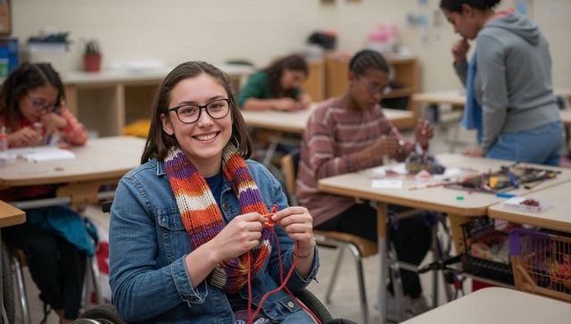 Smiling student in wheelchair knitting colorful scarf during inclusive classroom craft session