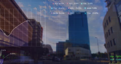 Cityscape with Digital Data Overlay Highlighting Financial Analytics