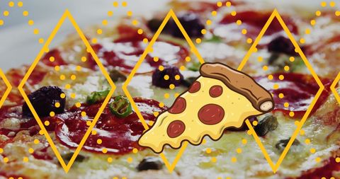 Illustrated pizza slice overlay on pepperoni pizza