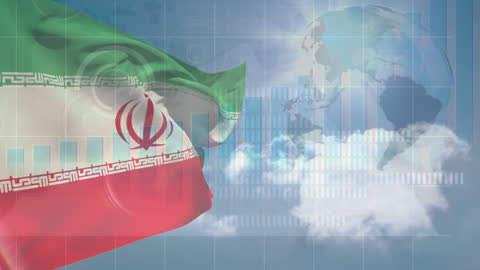 Illustration showing an interaction between Iranian flag, global representation, and abstract data elements. Useful for themes related to international business, economic trends, and data analytics acknowledgement. Perfect for articles on economic news, global finance, and international relations.