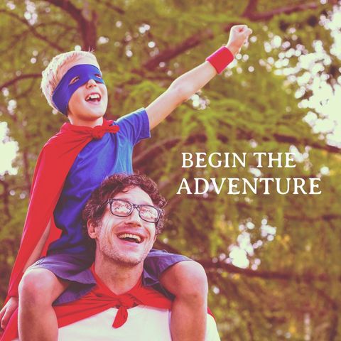 Child superhero on shoulder symbolizing adventure and joy