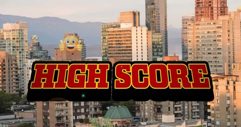 Cityscape with High Score Text and Emoji Overlay