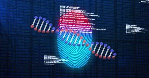 Cyan fingerprint with dna helix overlay on cybersecurity holographic interface in genomics