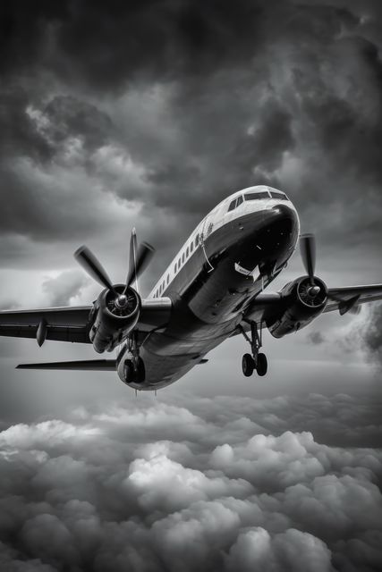 Commercial airplane flying through turbulent stormy skies, creating a dramatic atmosphere. Captured in black and white, enhancing the moody atmosphere. Ideal for use in travel-related articles, aviation industry promotions, or materials discussing weather impacts on air travel.