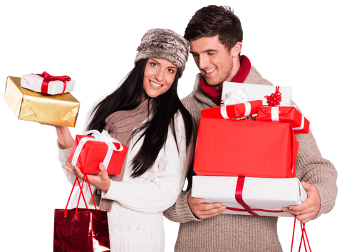 Smiling Couple Holding Transparent Christmas Gifts