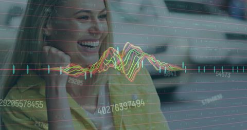 Smiling Woman with Data Overlay at Cafe