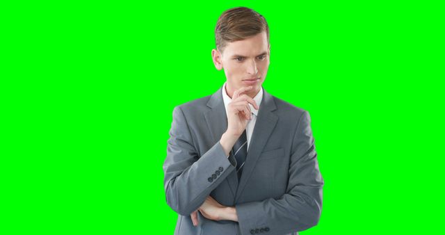 Thoughtful Businessman Contemplating in Gray Suit on Green Background - Download Free Stock Images Pikwizard.com