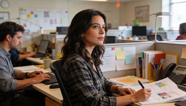 Focused professional woman reviewing reports at open-plan office cubicle with sticky notes