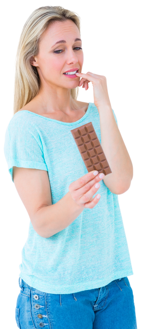 Transparent image of woman feeling guilty about chocolate bar - Download Free Stock Videos Pikwizard.com