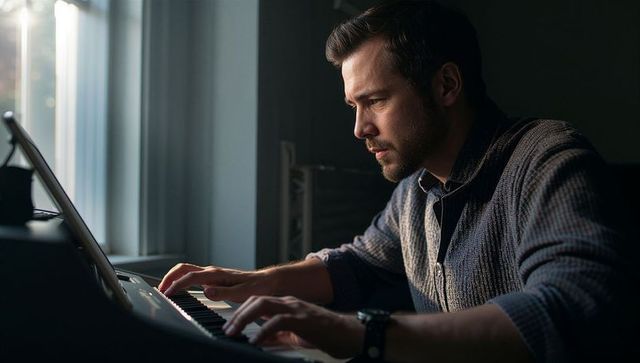 Male pianist composing and playing keyboard by window in moody daylight home studio