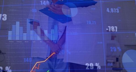 Business Professionals Analyzing Metrics with Technology Overlay