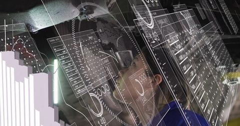 Inspecting Analyst Peering Through Transparent HUD Display with Futuristic Data Dashboards