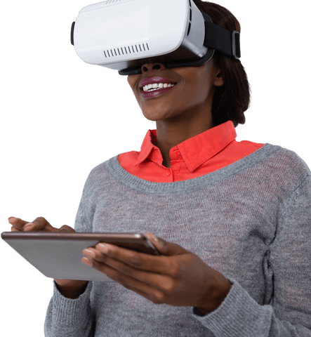 Smiling Woman with Transparent VR Glasses Holding Tablet - Download Free Stock Videos Pikwizard.com