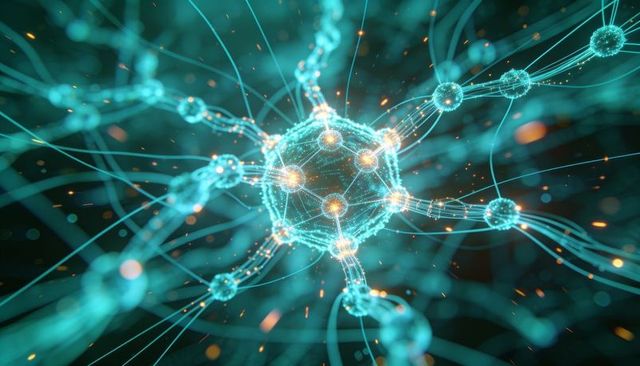 Neon neural network hub radiating teal filaments and orange sparks for ai tech concepts