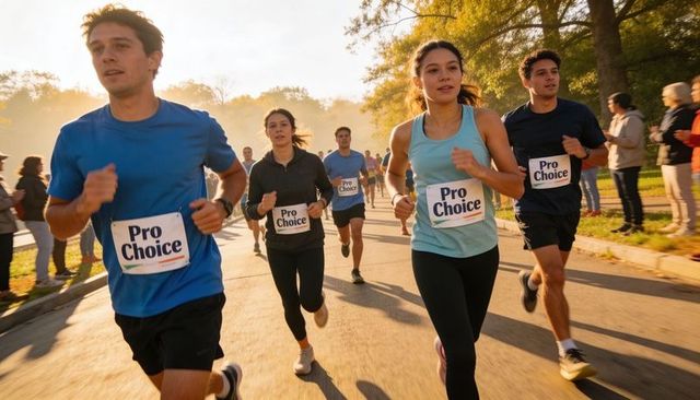 Diverse runners wearing pro choice bibs running through sunlit park during charity run
