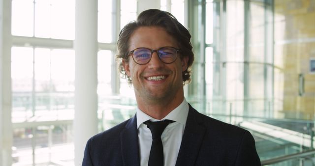 Confident businessman wearing glasses smiling in modern office building - Download Free Stock Images Pikwizard.com