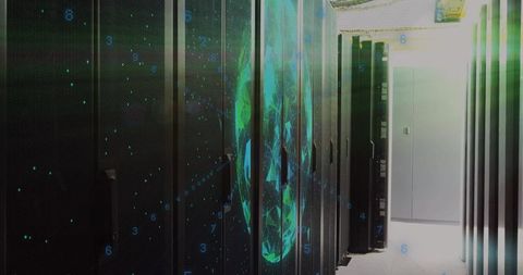 Futuristic Data Center with Holographic Technology Overlay