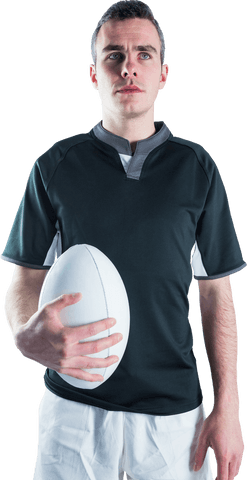 Rugby player holding ball in focused gaze transparent background
