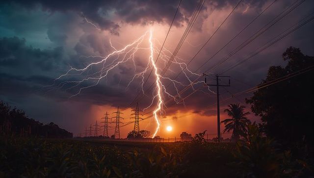 Dramatic sunset lightning striking across rural field