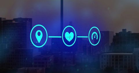 Digital interface network icons over cityscape at night