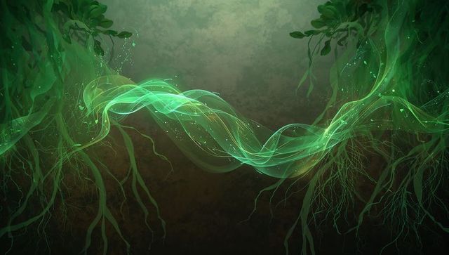 Bioluminescent green energy ribbon connecting underground roots in mystical forest cavern