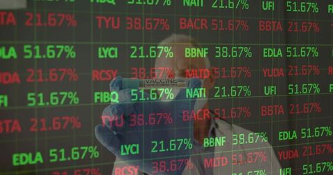 Researcher Holding Vaccine Vial Amidst Digital Stock Market Data