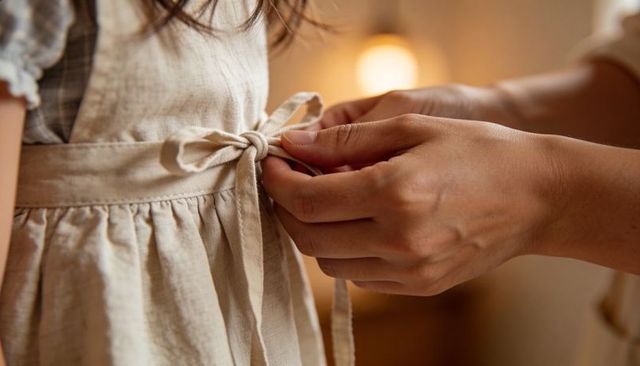Caregiver tying bow on child's linen dress close-up conveying tender bonding