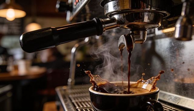 Barista pouring rich espresso shot from portafilter into black cup with steam and splash