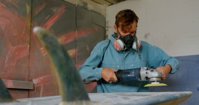 Man Sanding Surfboard While Wearing Protective Respirator in Workshop - Download Free Stock Images Pikwizard.com