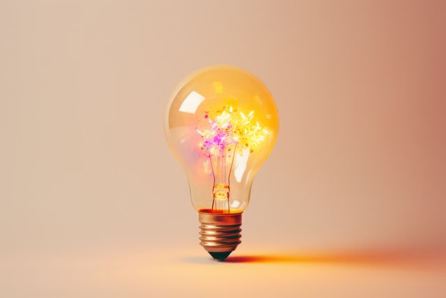 Light bulb with colour explosion on yellow background, created using generative ai technology. Light, electricity, energy and explosion concept digitally generated image.