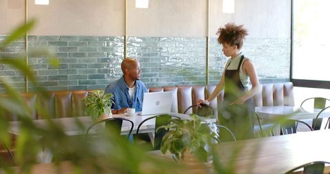 African american barista assisting laptop customer in sunlit plant-filled cafe interior