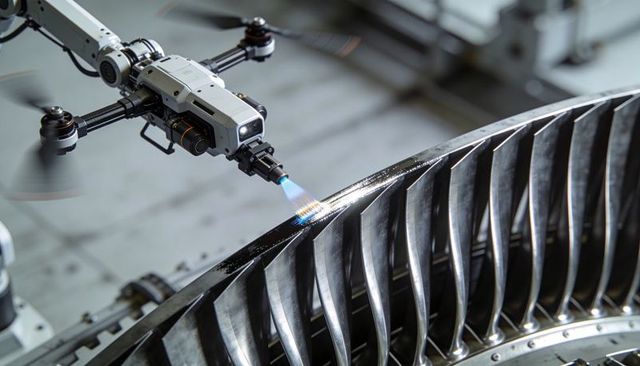 Robotic drone repairing turbine blade with plasma torch for industrial maintenance