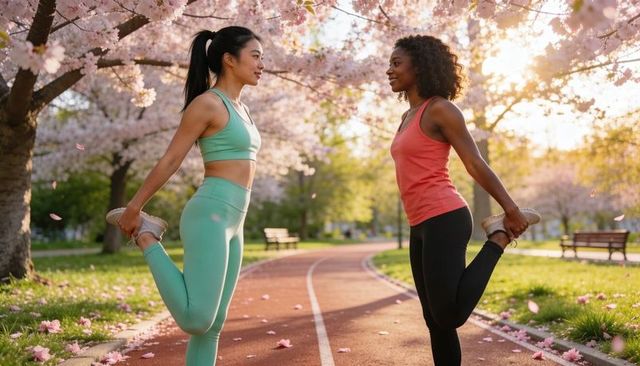Two women stretching under cherry blossoms on park track warming up for spring run