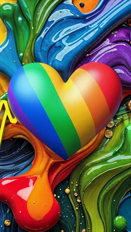Vertical rainbow heart emerging from flowing paint ribbons in vibrant abstract motion