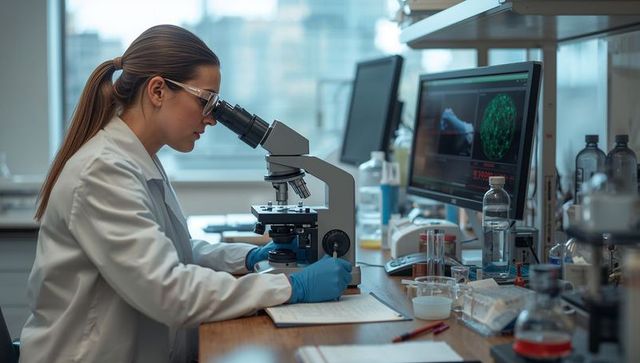 Female Scientist Examining Slide Under Microscope in Modern Laboratory While Taking Notes