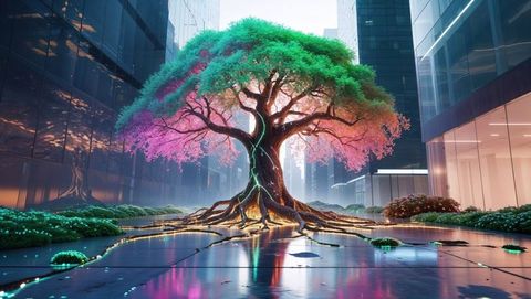 Fantastical neon-glowing dreaming tree in reflective urban courtyard