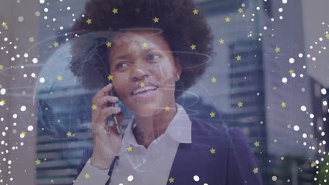 Smiling Businesswoman Linked by Digital Connectivity Overlays