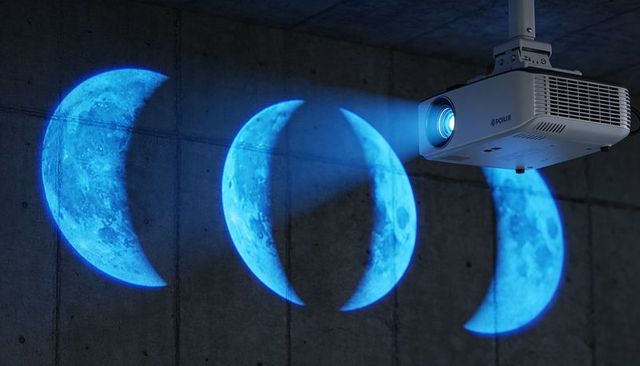 Ceiling-mounted projector casting three glowing blue crescent moons on concrete wall