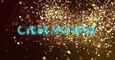 Neon cyber monday banner with cyan glow and golden glitter bokeh for online sale
