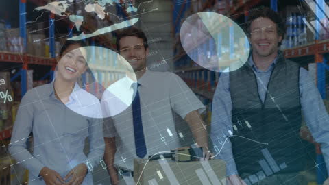 Warehouse Supervisors Smiling Amidst Technological Holograms