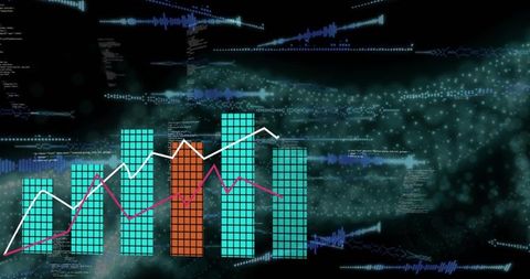 Futuristic neon data dashboard with tiled bar cluster and overlaid trend lines