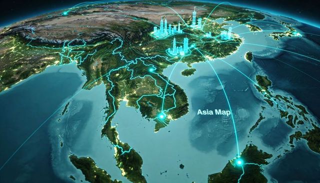 Asia night map connecting smart cities with neon network nodes and holographic data towers