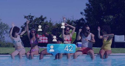 Friends Celebrating at Poolside Along Full Length of Clear Water